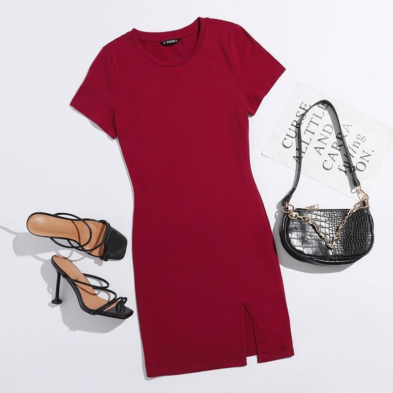 

Split Hem Solid Dress, Burgundy