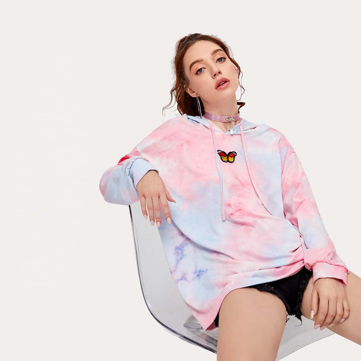 

Butterfly Graphic Tie Dye Oversized Hoodie, Multicolor