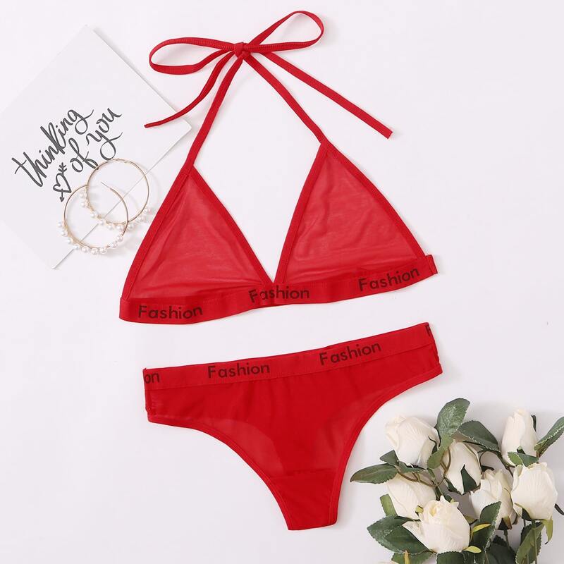 

Letter Tape Mesh Lingerie Set, Red