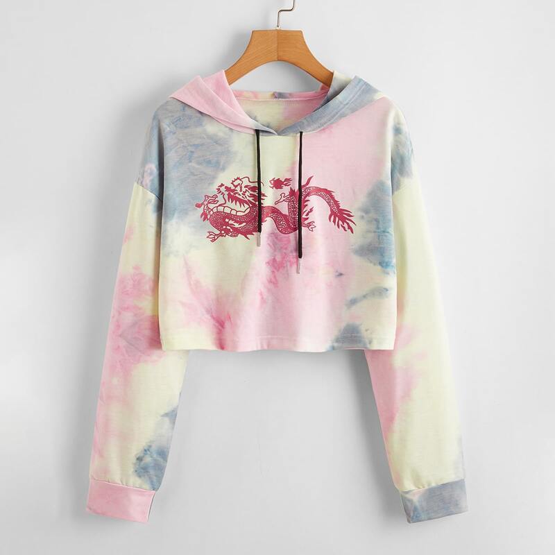

Chinese Dragon Graphic Tie Dye Hoodie, Multicolor