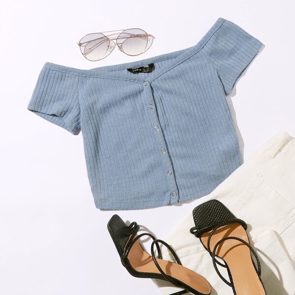 

Off Shoulder Buttoned Front Rib-knit Top, Dusty blue