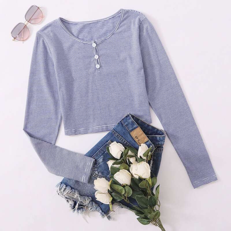

Striped Henley Tee, Baby blue