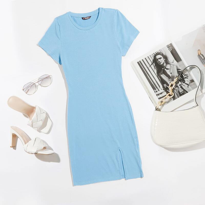 

Split Hem Solid Dress, Pastel baby blue