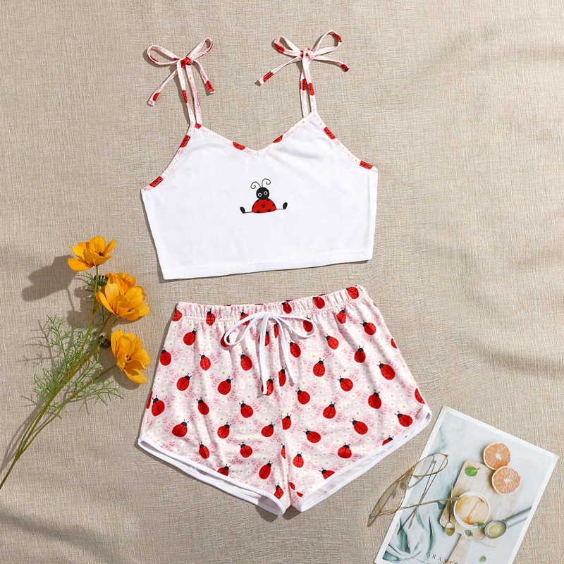 

Ladybug Print Tie Shoulder Cami PJ Set, Red and white