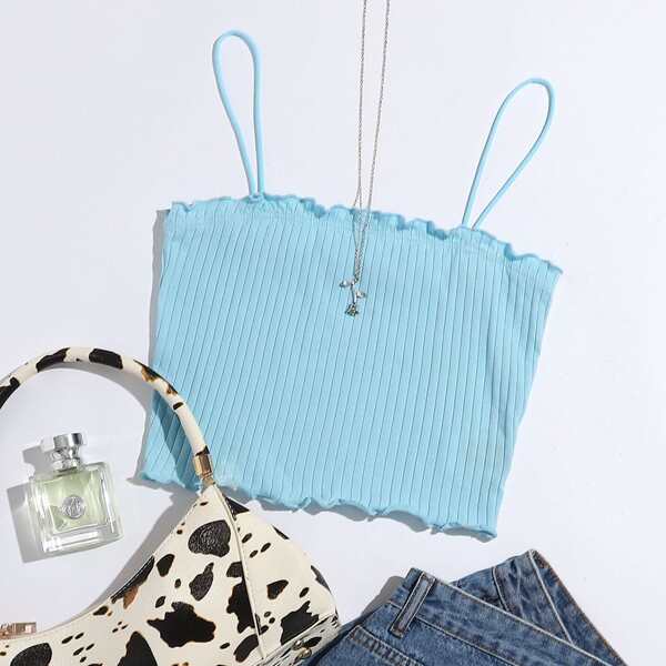 

Lettuce Trim Rib-knit Cami Top, Pastel baby blue