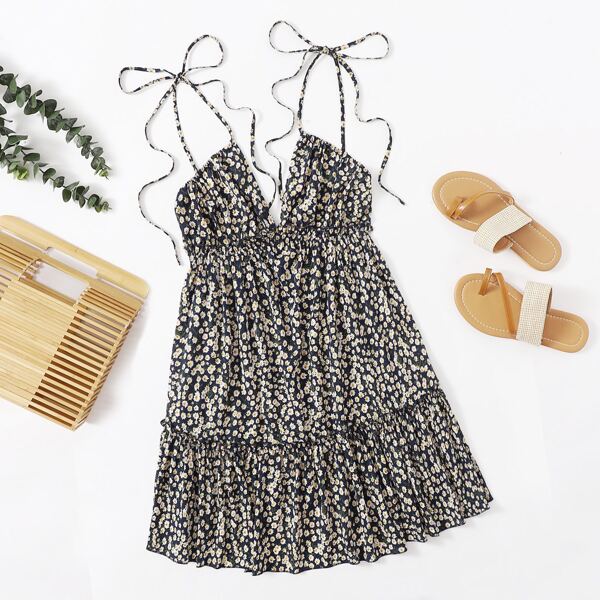 

Tied Open Back Ditsy Floral Halter Dress, Navy blue