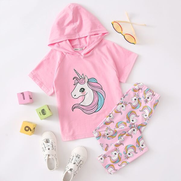 

Girls Unicorn Print Hooded Tee & Leggings Set, Pink