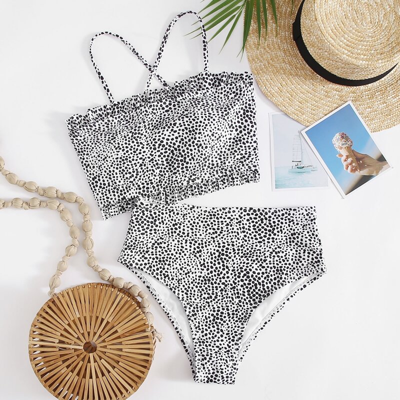 

Dalmatian Frill Trim High Waist Bikini Swimsuit, Black and white