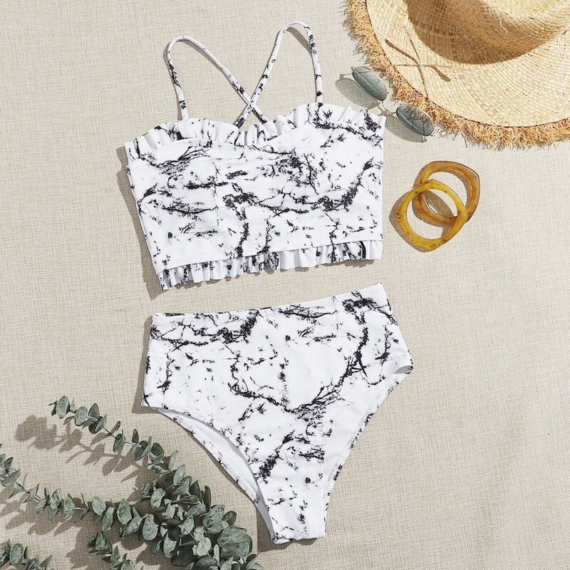 

Marble Frill Trim High Waist Bikini Swimsuit, White