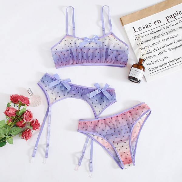 

Star Print Ombre Garter Lingerie Set, Multicolor