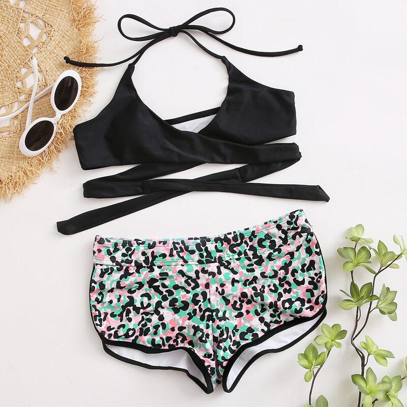 

Leopard Wrap Halter Shorts Bikini Swimsuit, Multicolor