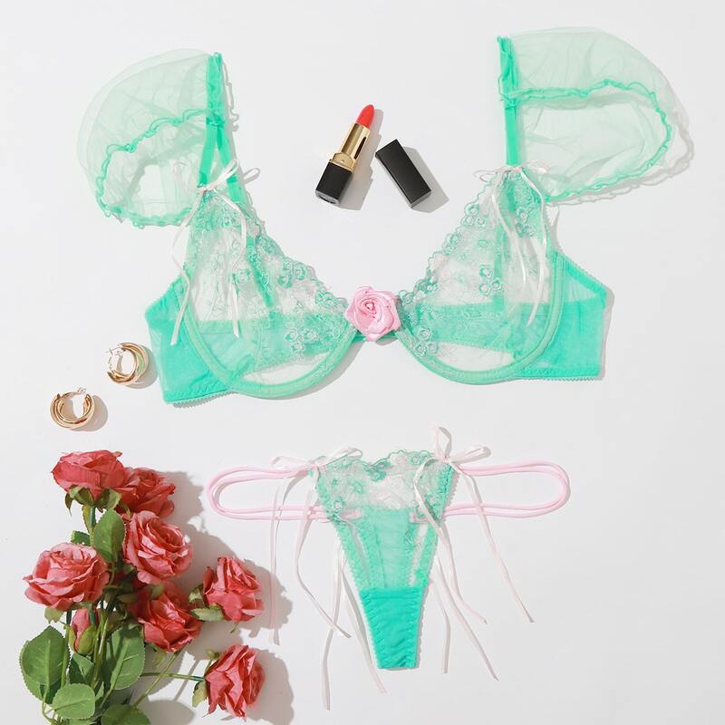 

Floral Lace Sheer Thong Lingerie Set, Bright mint green