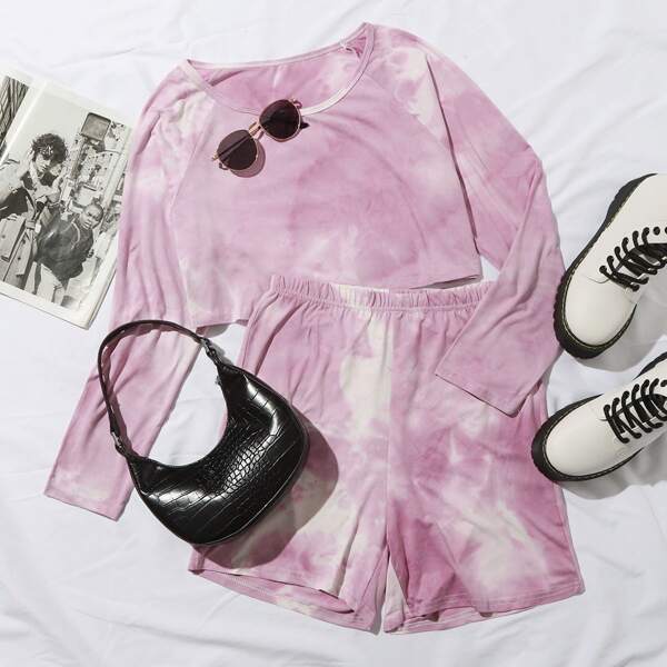 

Tie Dye Raglan Sleeve Top & Shorts Set, Multicolor
