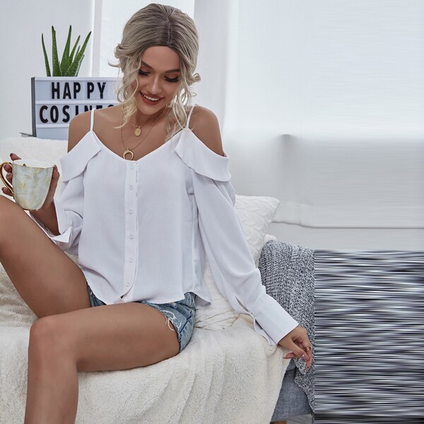 

Button Front Cold Shoulder Curved Hem Top, White