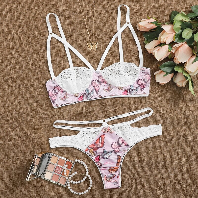 

Butterfly Print Cut-out Underwire Lingerie Set, Multicolor