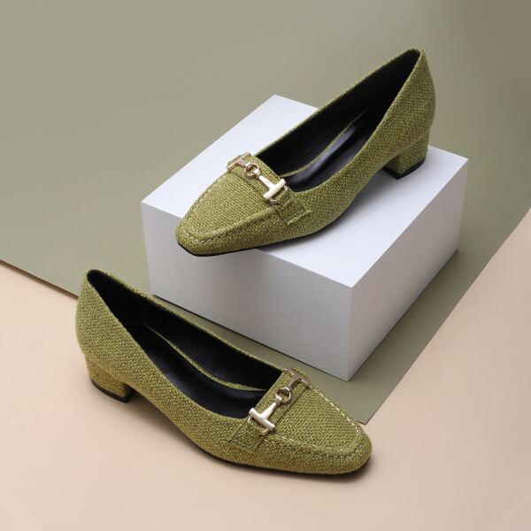 

Square Toe Metal Decor Chunky Heels, Green