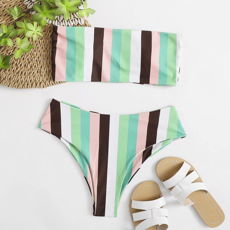 

Stripe Bandeau High Waist Bikini Swimsuit, Multicolor