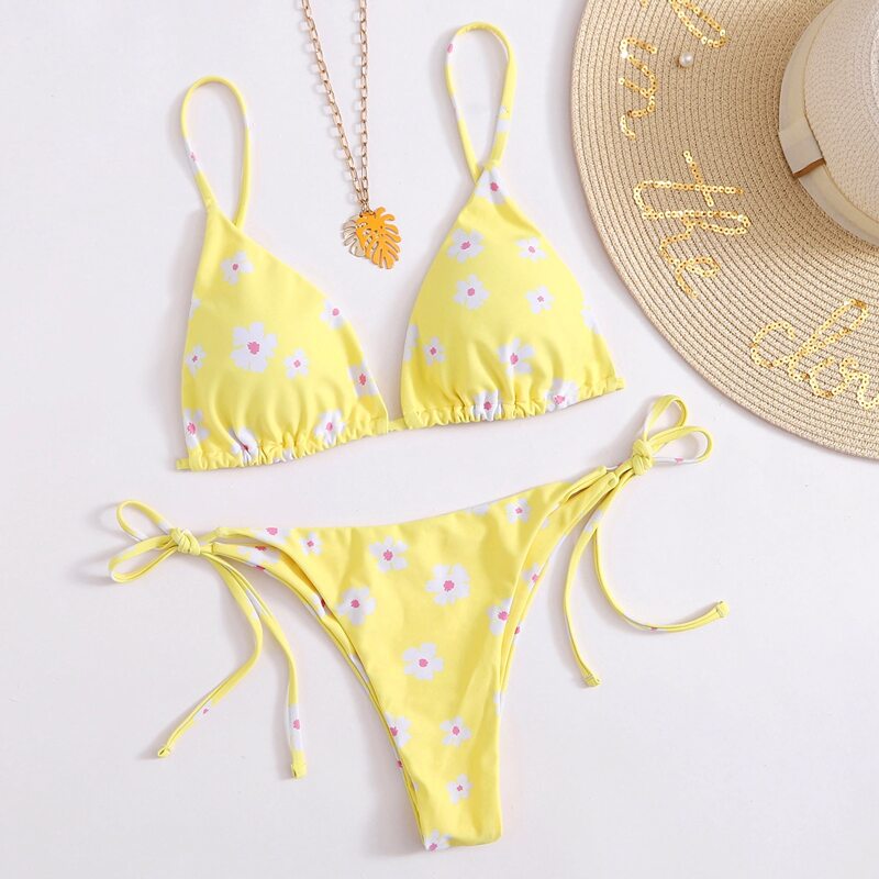 

Floral Triangle Tie Side Bikini Swimsuit, Yellow