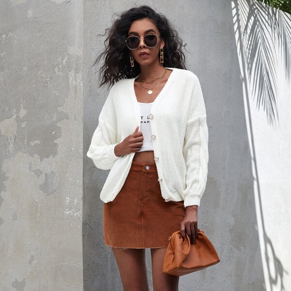 

Drop Shoulder Button Front Cardigan, White