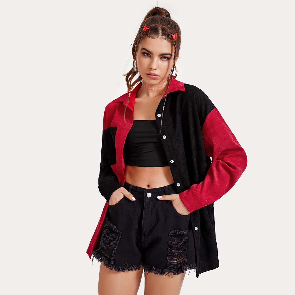 

Colorblock Corduroy Oversized Shacket, Multicolor