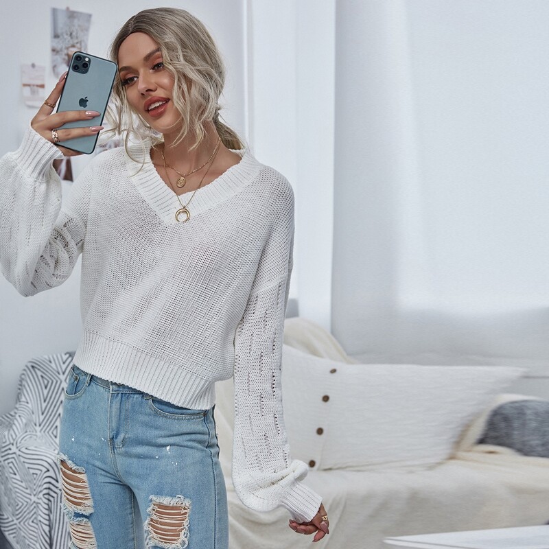 

Drop Shoulder Lantern Sleeve Sweater, White