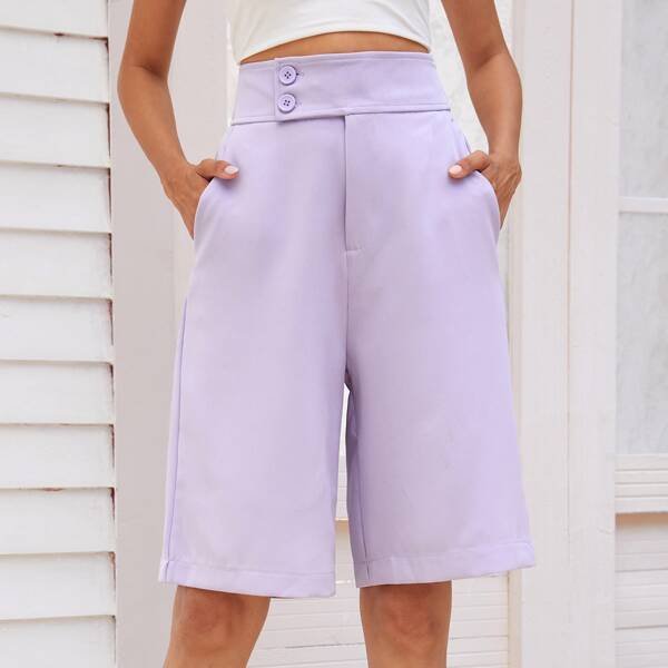 

Solid Wide Leg Button Front Shorts, Lilac purple