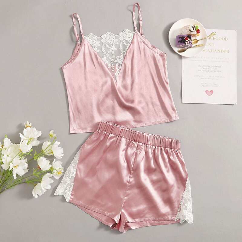 

Embroidery Mesh Insert Satin Cami & Shorts PJ Set, Dusty pink