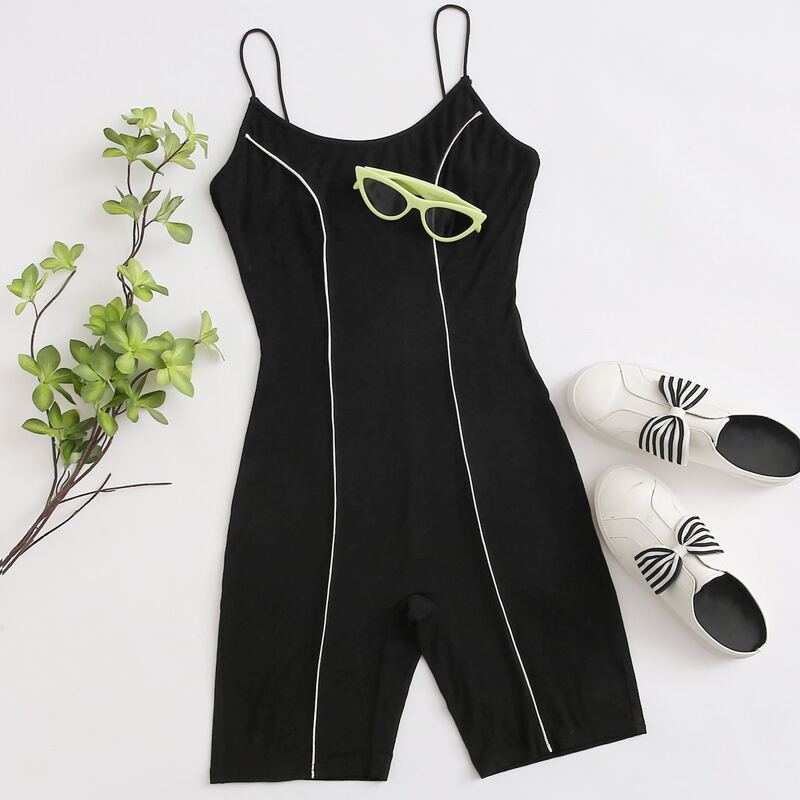 

Contrast Piping Unitard Romper, Black