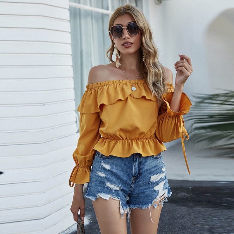 

Solid Ruffle Trim Knotted Bardot Blouse, Mustard yellow