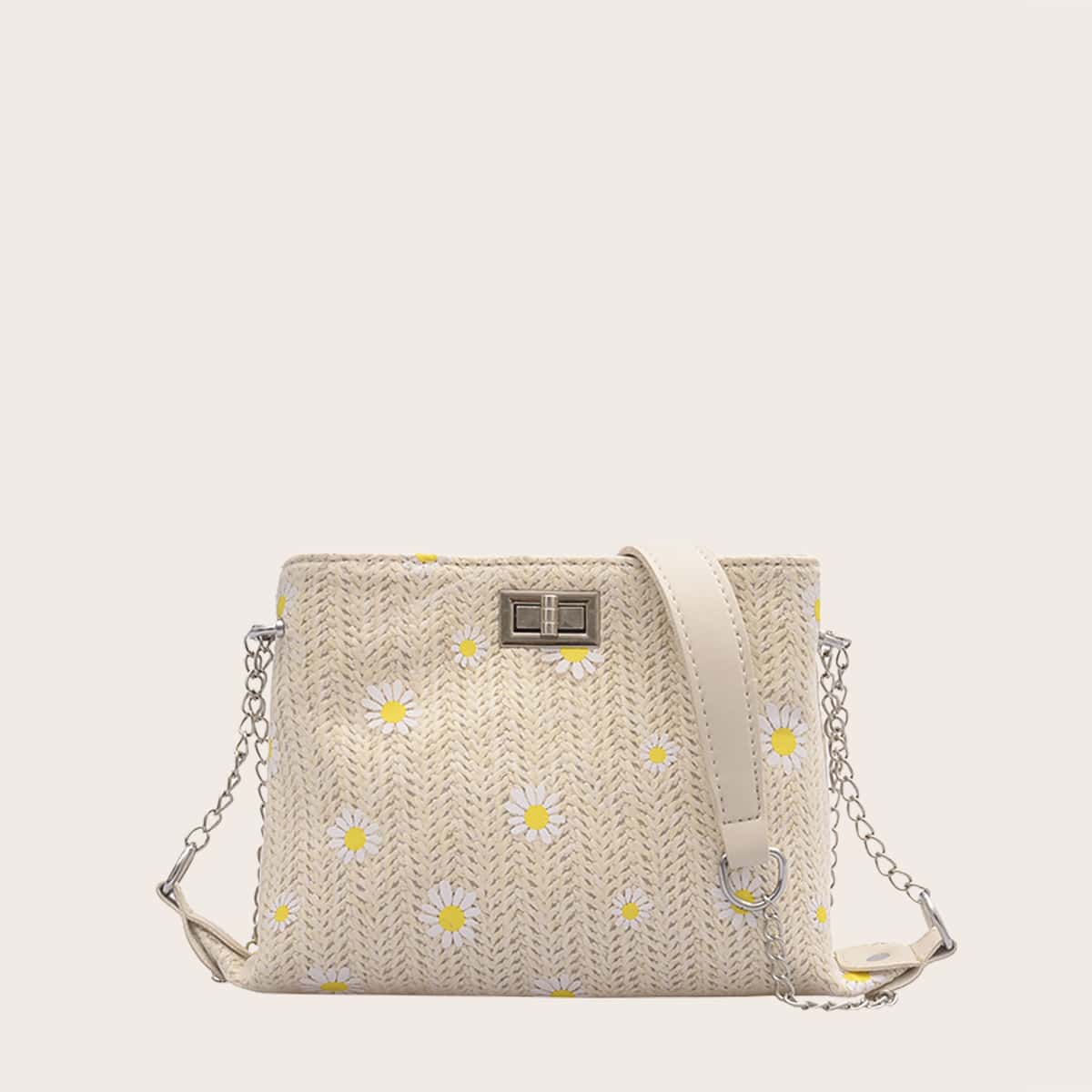 

Daisy Straw Chain Crossbody Bag, Beige pastel