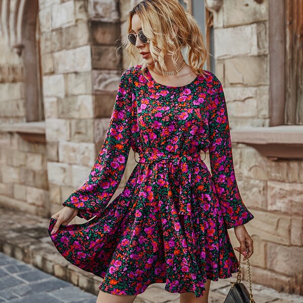 

Allover Floral Print Belted Dress, Multicolor