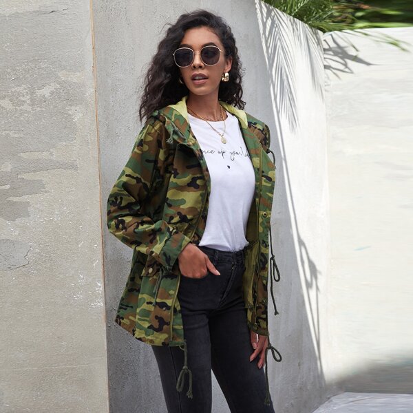 

Zip Up Drawstring Hem Hooded Camo Coat, Multicolor