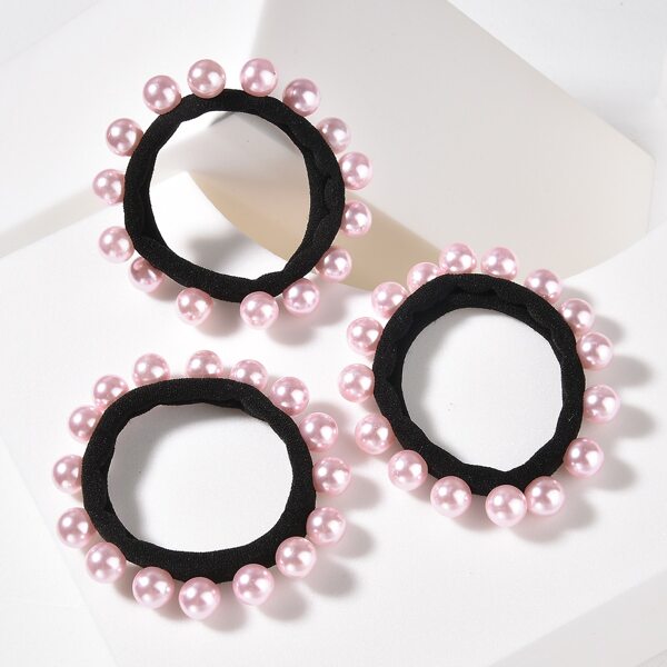 

3pc Faux Pearl Decor Hair Tie, Pink