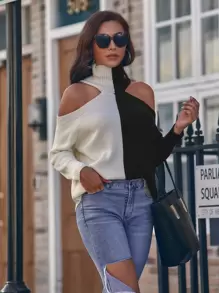 SHEIN Clasi Ribbed Two-Toned Open-Shoulder Turtleneck Jumper - Black and White - View 1