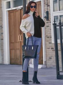 SHEIN Clasi Ribbed Two-Toned Open-Shoulder Turtleneck Jumper - Black and White - View 4