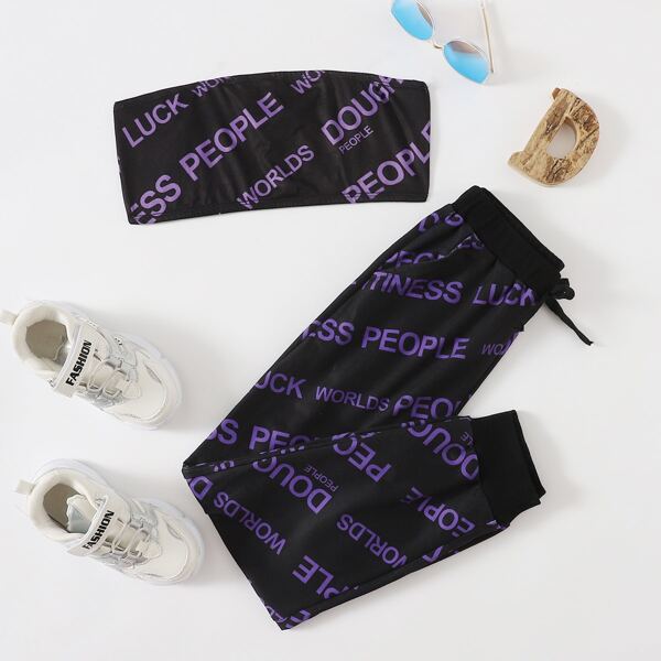 

Girls Letter Graphic Bandeau Top & Sweatpants Set, Black