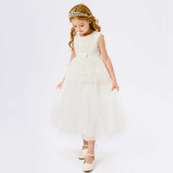 

Toddler Girls Contrast Lace Bow Detail Tie Back Tutu Dress, White