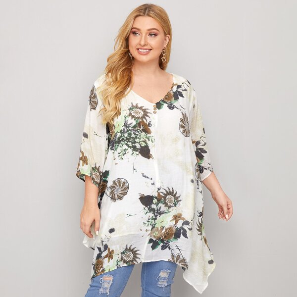 

Plus Floral Asymmetrical Hem Blouse, White