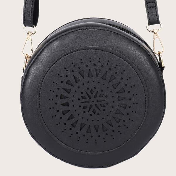 

Round Laser Cut-out Crossbody Bag, Black