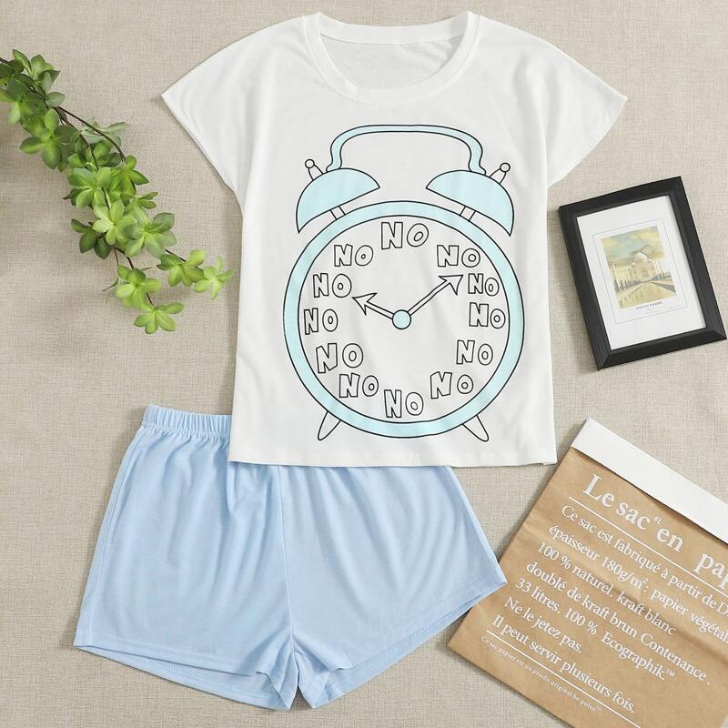 

Alarm Clock Print Tee & Shorts PJ Set, Blue and white