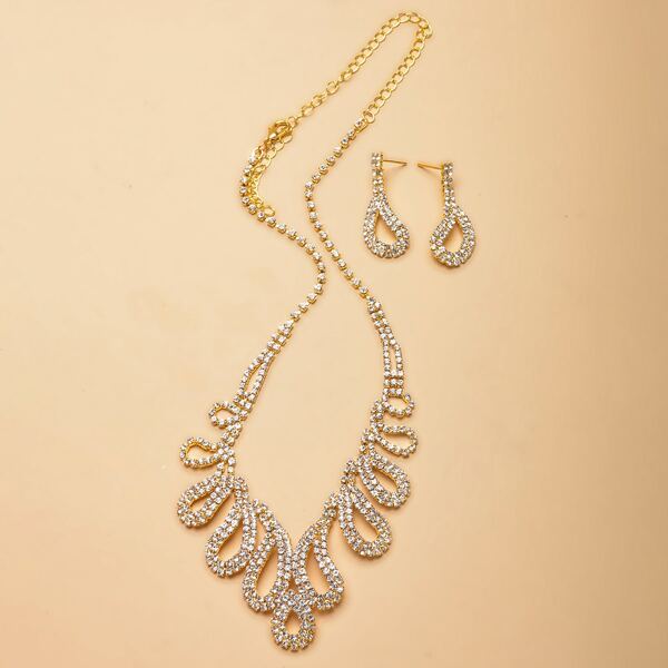 

3pcs Rhinestone Decor Jewelry Set, Gold