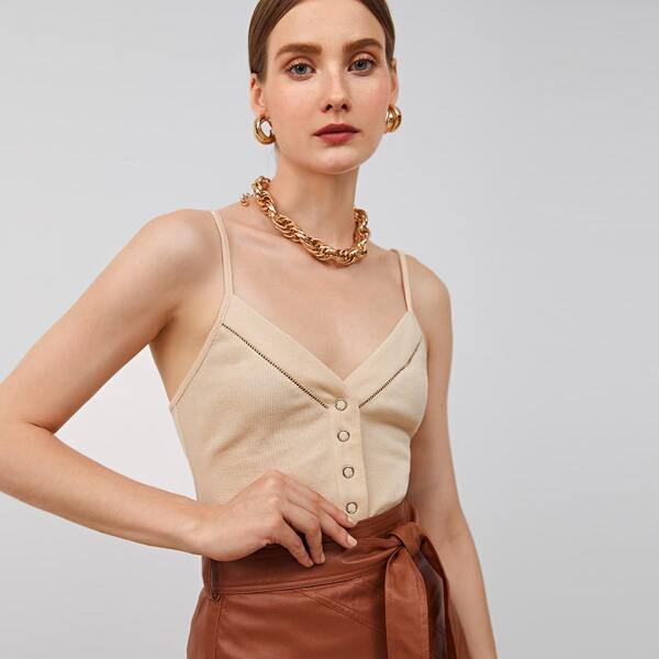 

Button Front Rib-knit Cami Top, Apricot