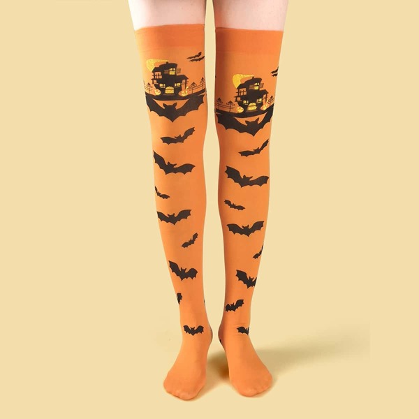 

Halloween Bat Pattern High Stockings, Yellow