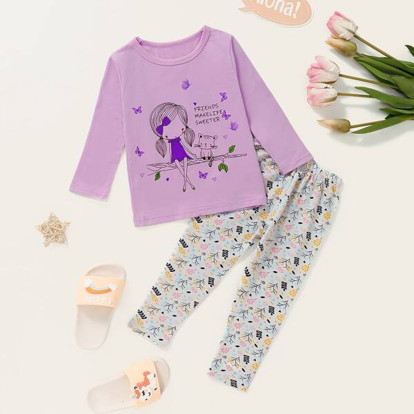 

Toddler Girls Plants & Cartoon Graphic PJ Set, Multicolor