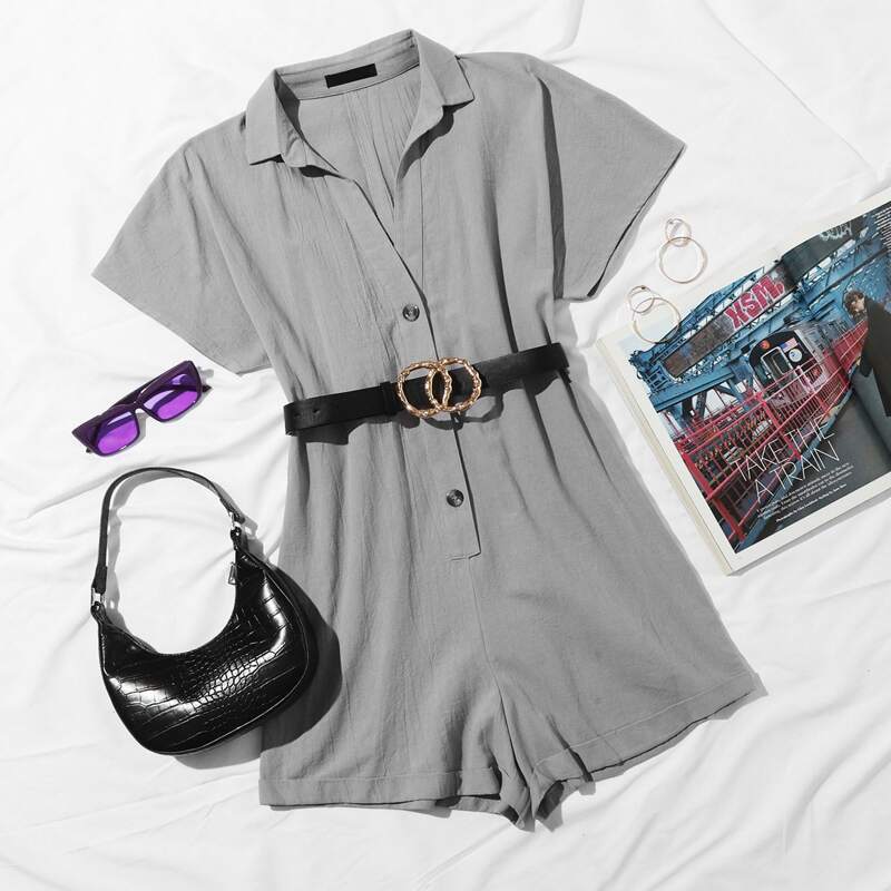 

Button Front Batwing Sleeve Romper Without Belt, Grey