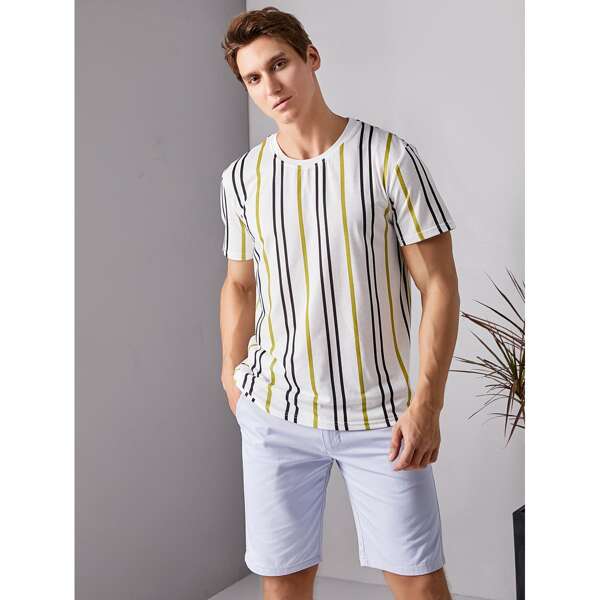 

Men Striped Crew Neck Tee, White