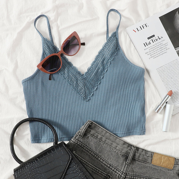 

Lace Trim Rib-knit Cami Top, Dusty blue