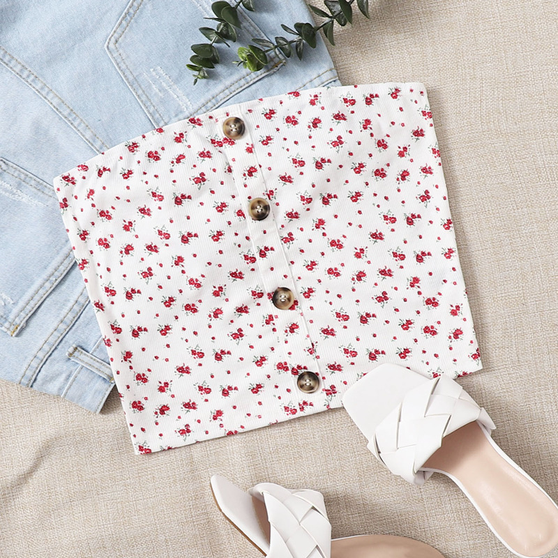 

Buttoned Front Ditsy Floral Bandeau Top, White