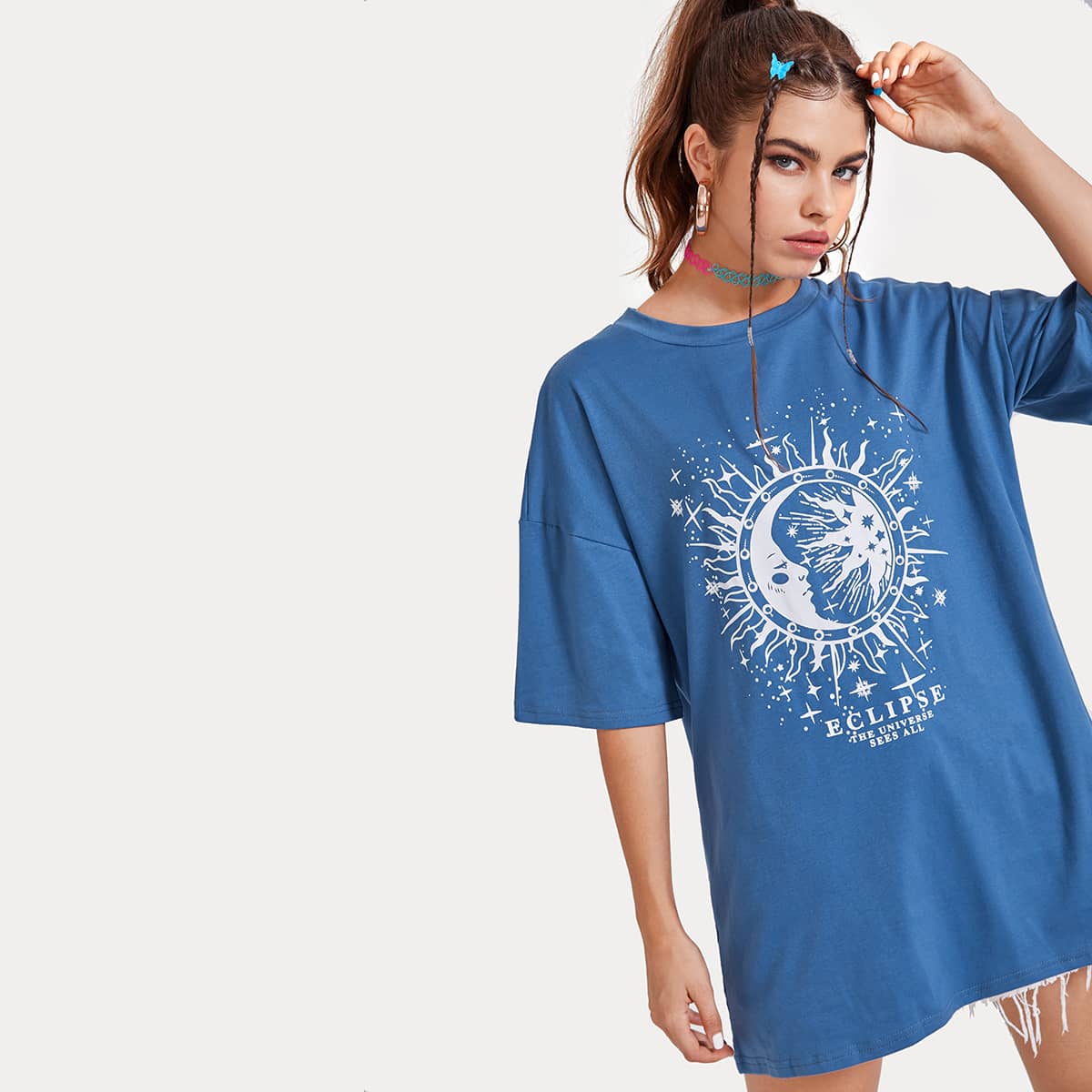 

Sun & Moon Graphic Oversized Tee, Blue