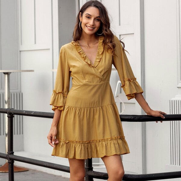 

Flounce Sleeve Ruffle Hem Dress, Mustard yellow